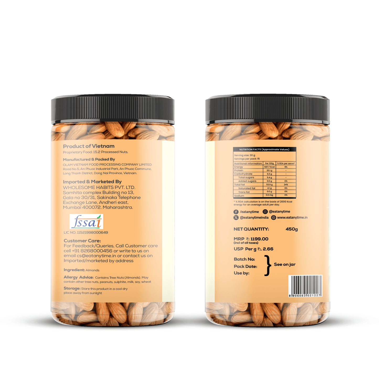 Slow drum Roasted and Unsalted Almond Jar - 450g